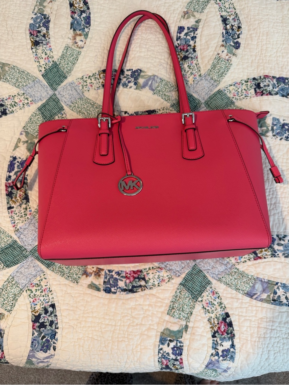 Michael Kors Hot Pink Saffiano Large Tote with MK Charm